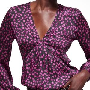 The Kooples Daisy Dots V-Neck Blouse NWT Pink Black Long Sleeve FR 0 XS